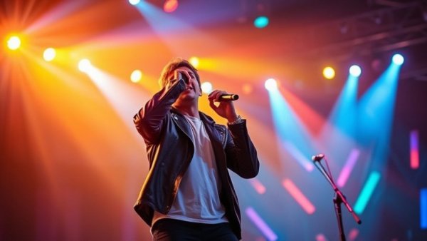 Broadway's The Lost Boys performer singing on vibrant stage.