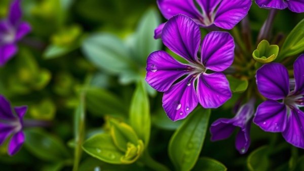 Vibrant purple flowers in an outdoor garden with dewdrops.