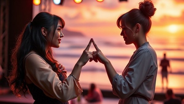Two performers in Broadway's Beaches Musical with a beach backdrop.