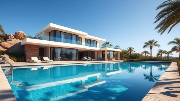 Luxurious villa pool with elegant features and natural surroundings.