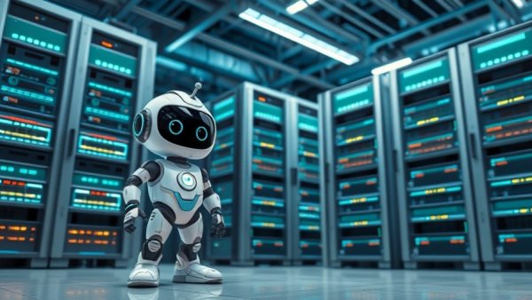Cartoon robot with futuristic server stacks in high-tech style.