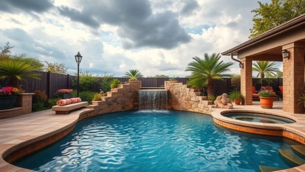 Kid-friendly outdoor spaces with pools featuring waterfalls and greenery.