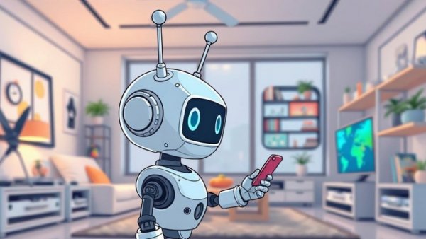Cartoon robot managing smart home, showcasing AI control.