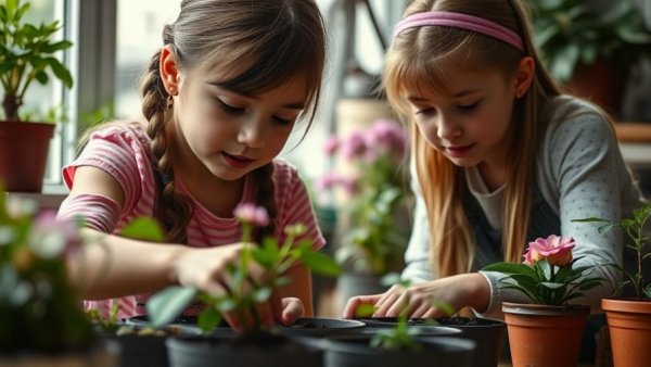Children planting flowers in pots indoors