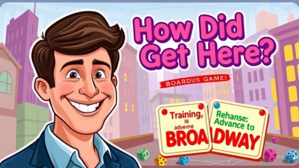 Board game-themed illustration with man's portrait and theater theme