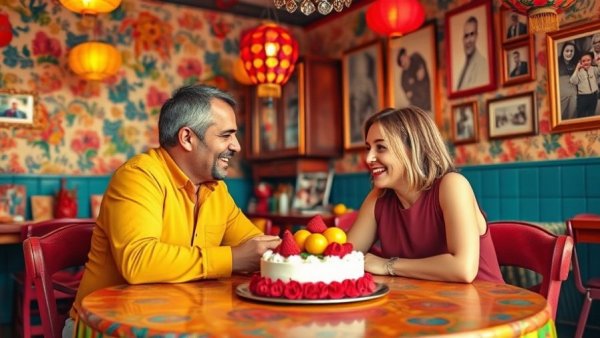 Creative team of two strangers in vibrant setting having cake.
