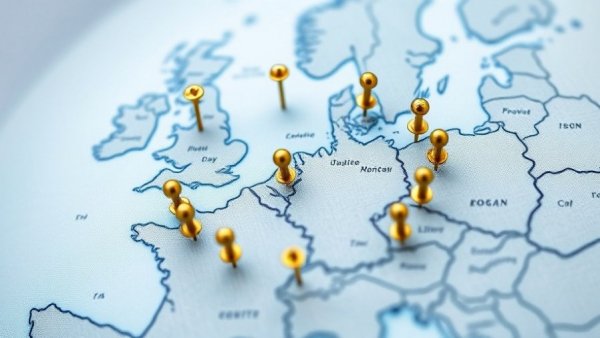Map of Europe with golden pins forming a circle, European startups to watch.