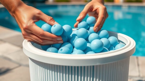 Placing blue pool filter balls into filter container, demonstrating functionality.