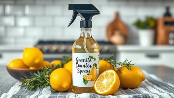 DIY Granite Cleaner spray bottle with lemons on counter.