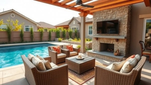 Luxurious custom pool with sheer descent water feature and cozy patio.