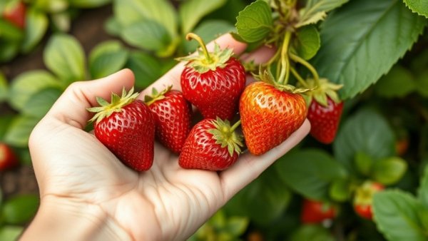 Hand holding varying ripeness strawberries, garden foliage, growing strawberries.