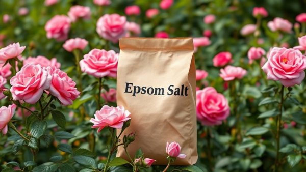 Why Epsom Salt is Not Good For Your Garden: Pink roses and 'Epsom Salt' bag.