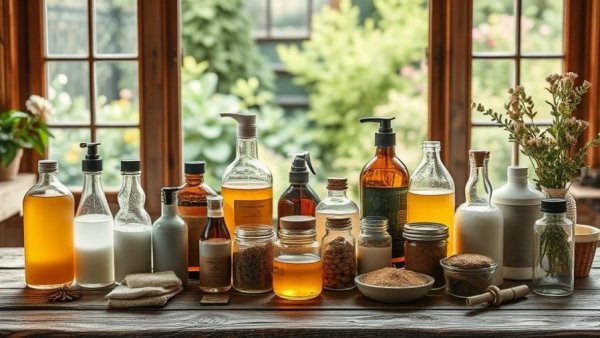 Assorted DIY natural cleaning products in bottles on a wooden table