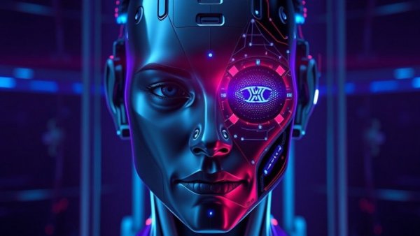 Futuristic AI robot face representing Krisp VIVA 2.0 Voice AI Infrastructure.