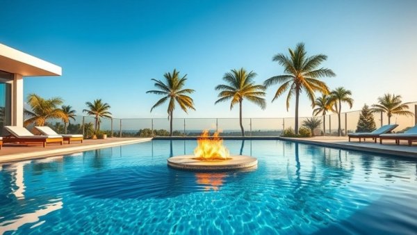 Modern pool with elegant fire features around the edge, creating a tranquil and luxurious outdoor setting.