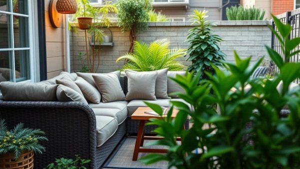 Cozy outdoor garden patio with sofa and greenery.