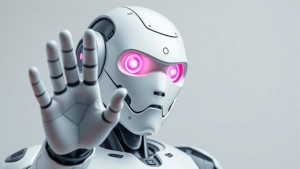 Futuristic robot with pink eyes demonstrating robotic security solutions