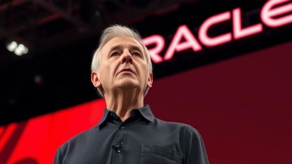 Oracle executive presenting at corporate event with logo displayed.