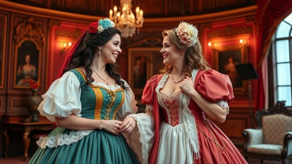 Vibrant Schmigadoon! musical theater scene with two women.