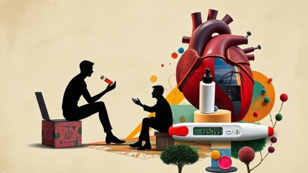 Surreal cholesterol testing concept with heart and figures, vibrant art