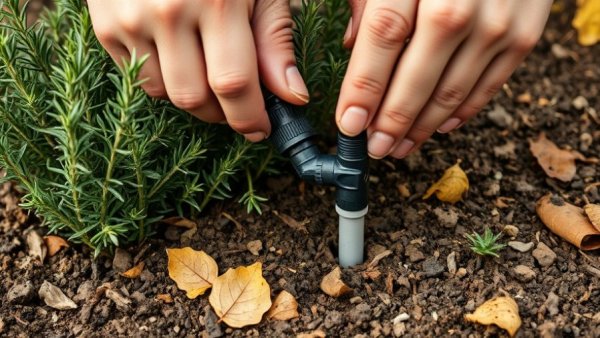 Close-up of installing a drip irrigation system in garden soil.
