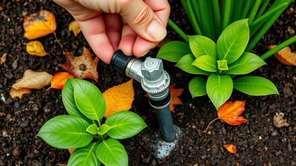 Close-up of drip irrigation installation in garden soil.