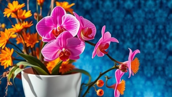 Flower symbolism meaning: pink orchid and orange bouquet.