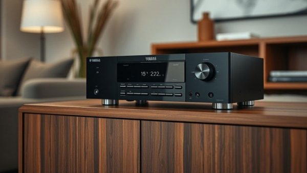 Sleek Yamaha RX receiver on a wooden cabinet in a modern setting.