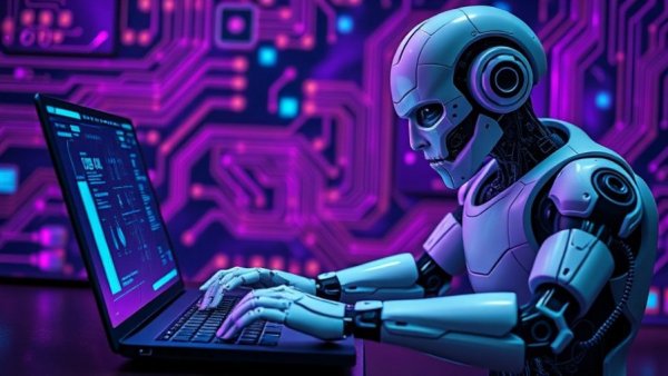 Agentic Digital Engineering: Robot using AI laptop with purple circuits.