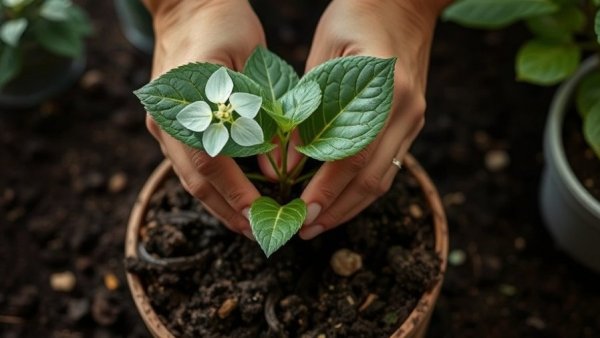 Hands demonstrating hydrangea propagation techniques by planting a cutting.