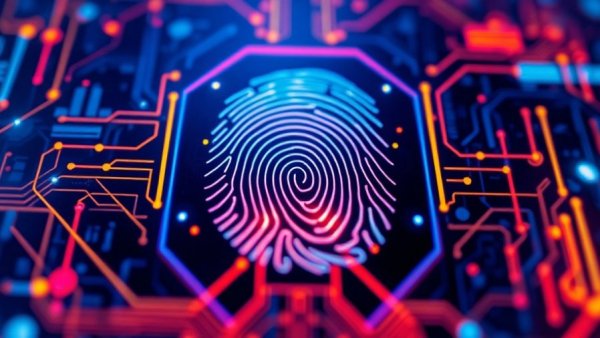 Futuristic digital fingerprint scanner with neon lines and deep blue tech background for on-device AI processing.