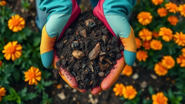 Gloved hands with organic soil above garden flowers.