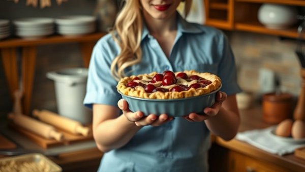 Waitress holding a steaming cherry pie in a kitchen.