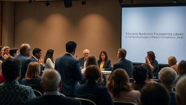 Panel discussion at Stavros Niarchos Foundation Library, lively engagement.