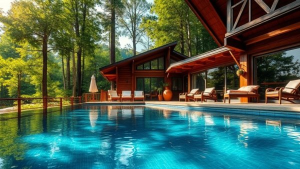 Luxurious resort-style pool beside a rustic cabin with forest backdrop.