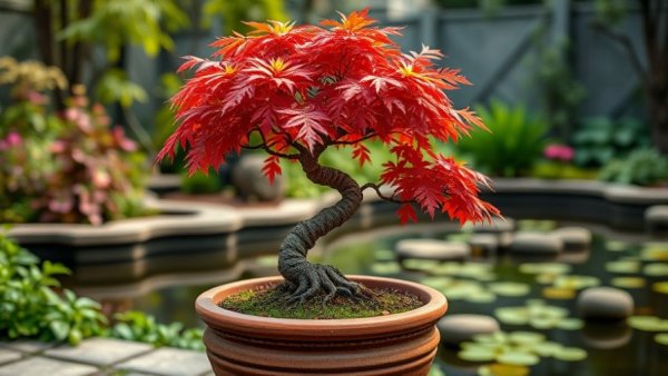 Japanese maple bonsai tree in a pot, perfect for outdoor gardens.