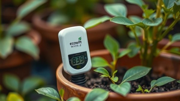 Ecowitt WH52 soil sensor in a plant pot, capturing a garden setting.