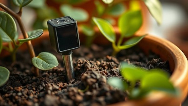 Ecowitt WH52 Soil Sensor in garden pot with green leaves