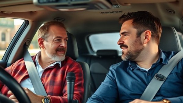 Two men discussing smart home integration inside a car at an expo.