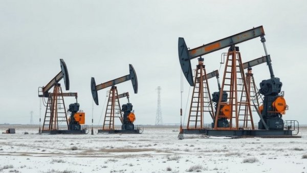 Abandoned oil pumps in snowy landscape for geothermal energy repurposing.