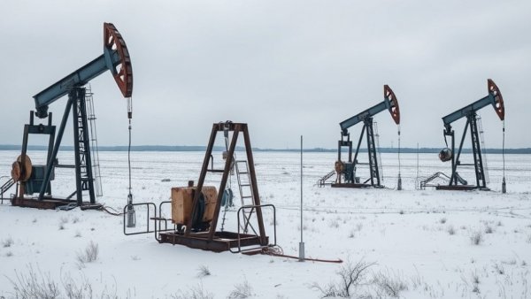 Old oil wells in a snowy field with focus on clean energy transition.