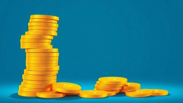 Stack of golden coins with question mark shadow on blue background.
