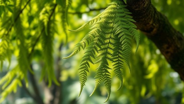 Hanging fern moss ball in an outdoor garden with dappled sunlight.