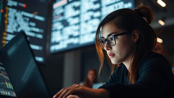Young woman working on a laptop with projected code.