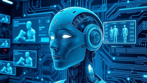 AI-Powered FOIA Solutions concept with digital robot and binary code.