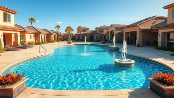 Modern pool area during National Water Safety Month in DFW suburban neighborhood.