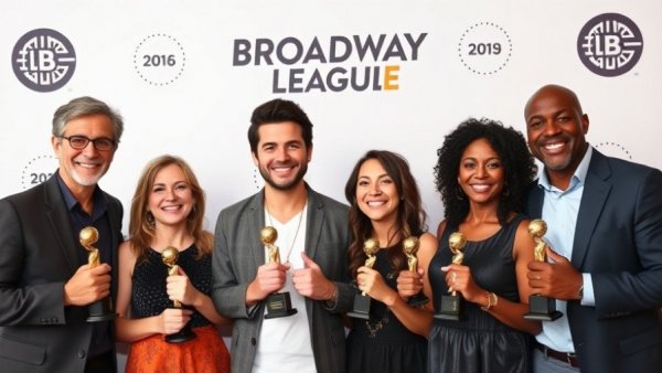 2026 Drama League Awards winners holding trophies, smiling in front of Broadway League backdrop.