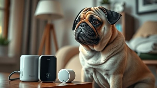Curious pug with DIY home security system on table