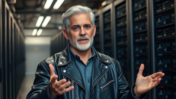 Nvidia Vera CPU market presentation by silver-haired man in server room.