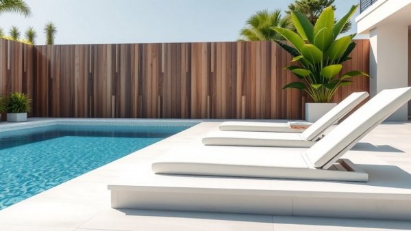 Modern pool with tanning shelves and white ledge loungers.